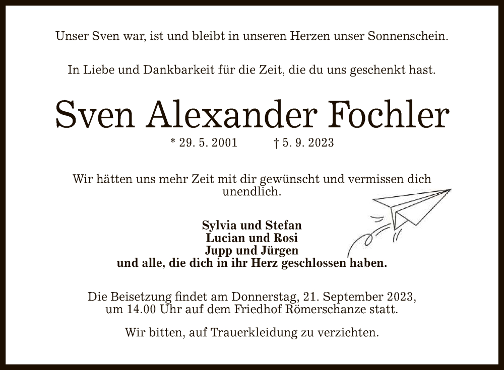  Traueranzeige für Sven Alexander Fochler vom 16.09.2023 aus Reutlinger General-Anzeiger