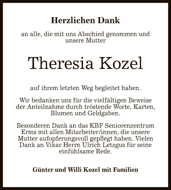 Anzeige von Theresia Kozel von Reutlinger General-Anzeiger