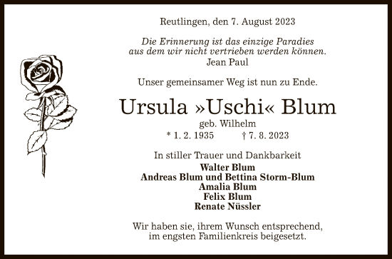 Anzeige von Ursula Blum von Reutlinger General-Anzeiger