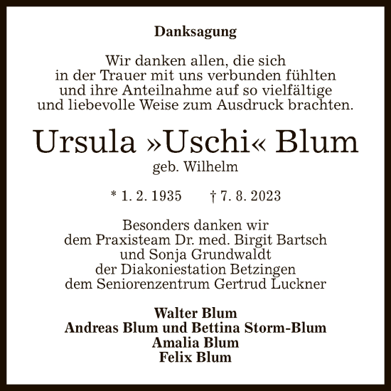 Anzeige von Ursula Blum von Reutlinger General-Anzeiger