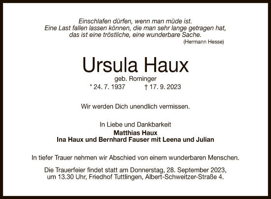 Anzeige von Ursula Haux von Reutlinger General-Anzeiger