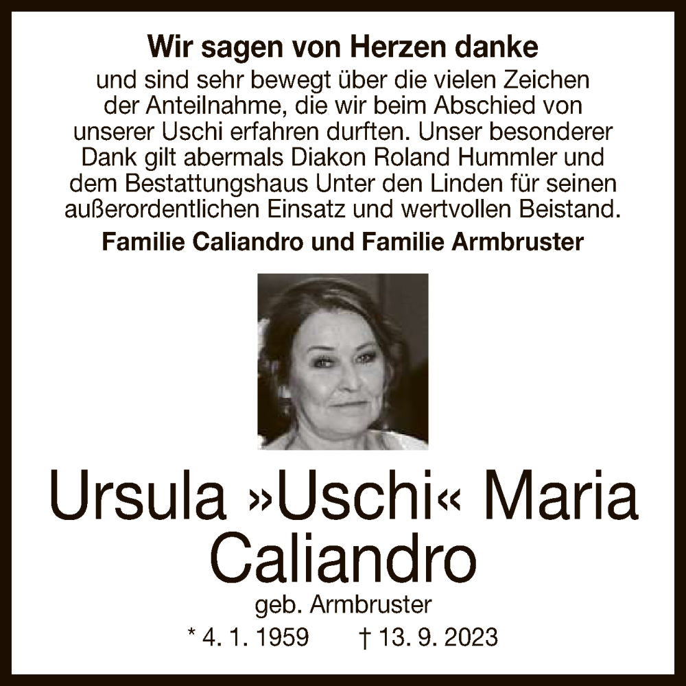  Traueranzeige für Ursula Maria Caliandro vom 23.09.2023 aus Reutlinger General-Anzeiger