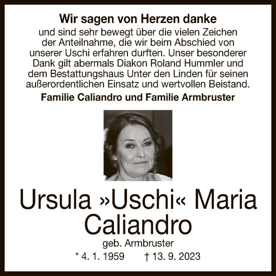 Anzeige von Ursula Maria Caliandro von Reutlinger General-Anzeiger