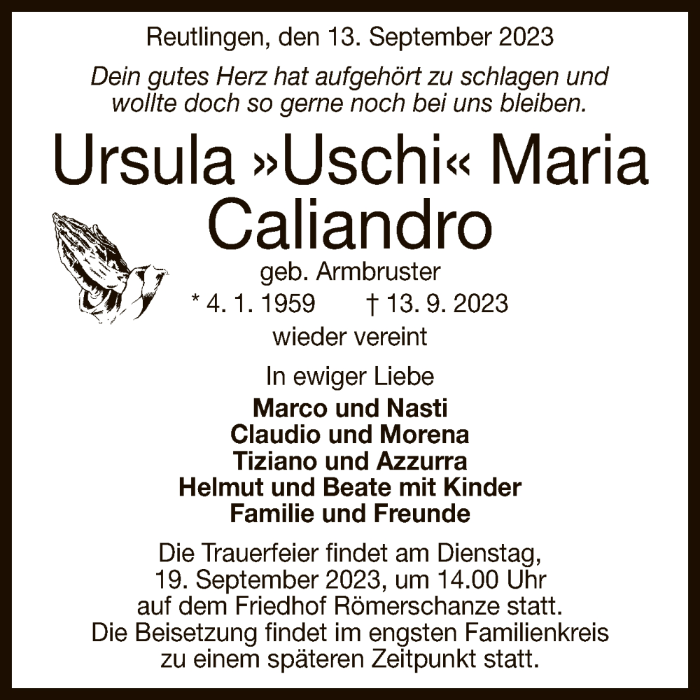  Traueranzeige für Ursula Maria Caliandro vom 18.09.2023 aus Reutlinger General-Anzeiger