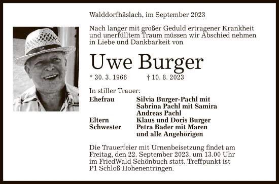 Anzeige von Uwe Burger von Reutlinger General-Anzeiger