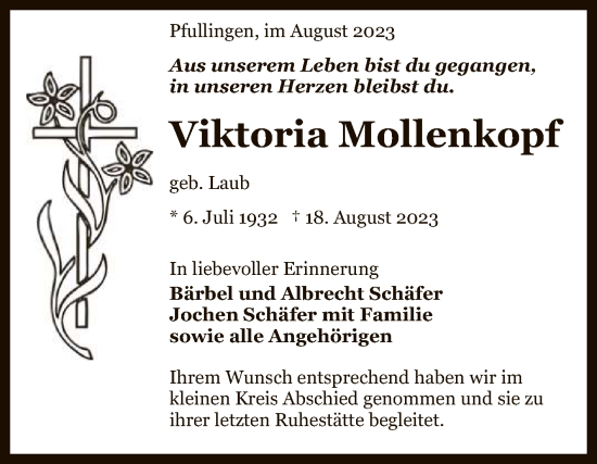 Anzeige von Viktoria Mollenkopf von Reutlinger General-Anzeiger
