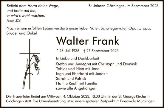Anzeige von Walter Frank von Reutlinger General-Anzeiger
