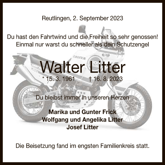 Anzeige von Walter Litter von Reutlinger General-Anzeiger
