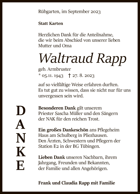 Anzeige von Waltraud Rapp von Reutlinger General-Anzeiger