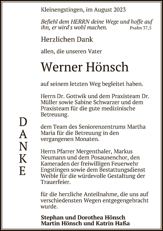 Anzeige von Werner Hönsch von Reutlinger General-Anzeiger