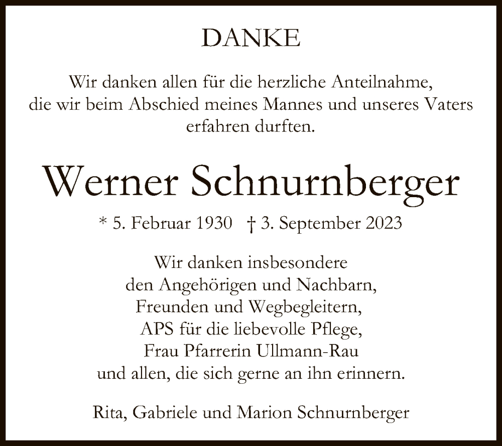  Traueranzeige für Werner Schnurnberger vom 26.09.2023 aus Reutlinger General-Anzeiger
