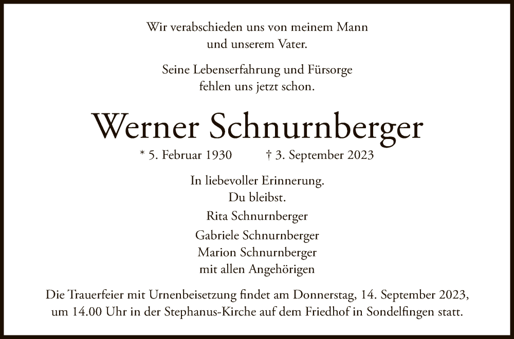  Traueranzeige für Werner Schnurnberger vom 09.09.2023 aus Reutlinger General-Anzeiger