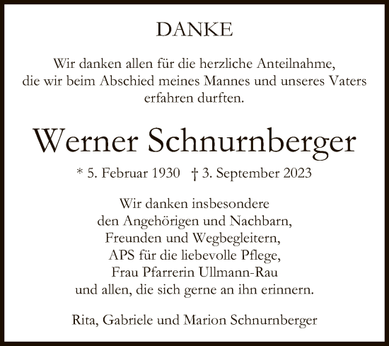 Anzeige von Werner Schnurnberger von Reutlinger General-Anzeiger