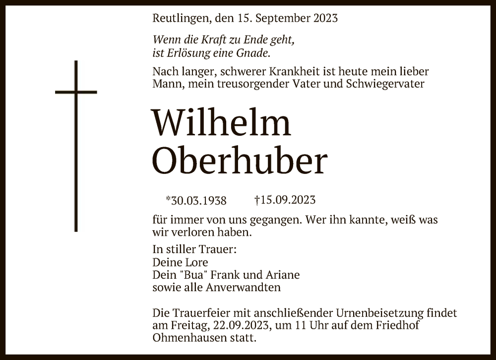  Traueranzeige für Wilhelm Oberhuber vom 19.09.2023 aus Reutlinger General-Anzeiger