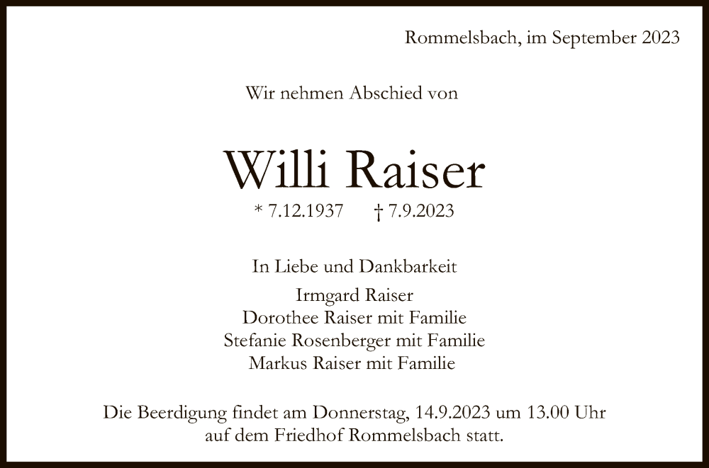  Traueranzeige für Willi Raiser vom 12.09.2023 aus Reutlinger General-Anzeiger