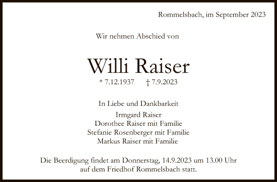 Anzeige von Willi Raiser von Reutlinger General-Anzeiger
