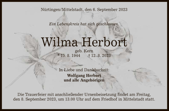 Anzeige von Wilma Herbort von Reutlinger General-Anzeiger