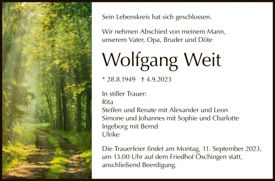 Anzeige von Wolfgang Weit von Reutlinger General-Anzeiger