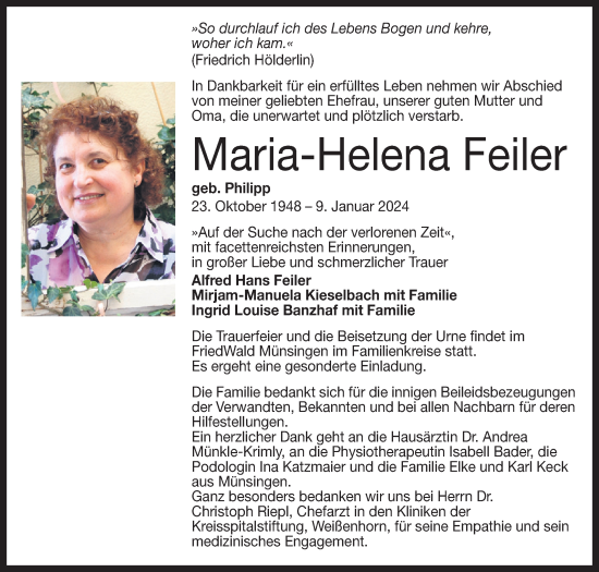 Anzeige von Maria-Helena Feiler von Reutlinger General-Anzeiger