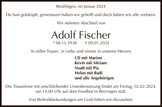 Anzeige von Adolf Fischer von Reutlinger General-Anzeiger