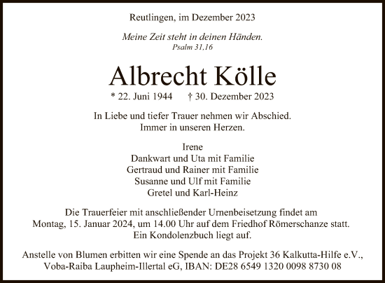Anzeige von Albrecht Kölle von Reutlinger General-Anzeiger