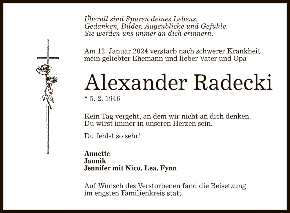  Traueranzeige für Alexander Radecki vom 23.01.2024 aus Reutlinger General-Anzeiger