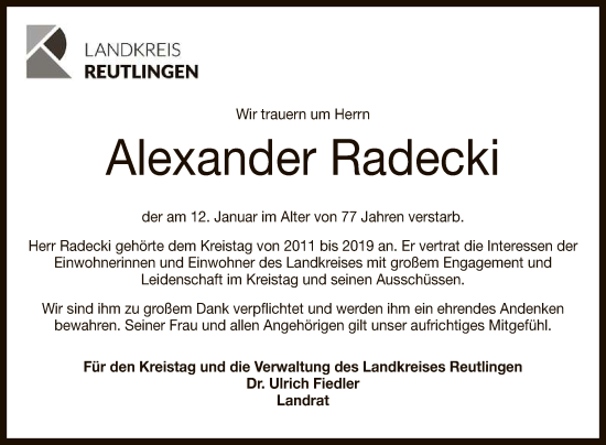 Anzeige von Alexander Radecki von Reutlinger General-Anzeiger