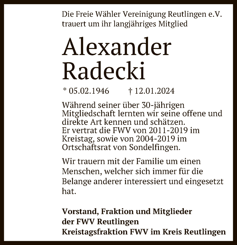  Traueranzeige für Alexander Radecki vom 24.01.2024 aus Reutlinger General-Anzeiger