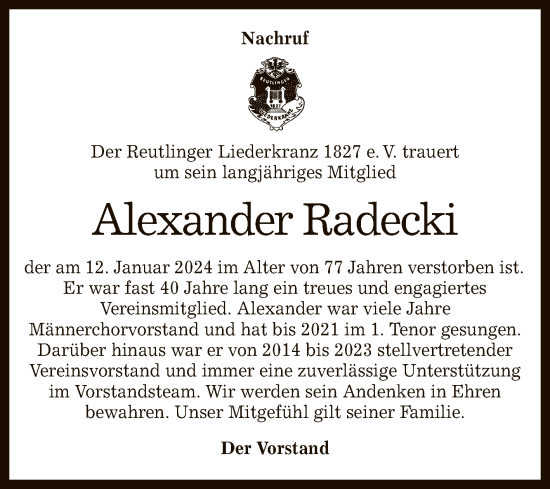 Anzeige von Alexander Radecki von Reutlinger General-Anzeiger