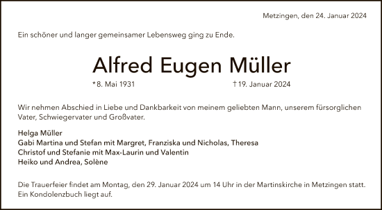 Anzeige von Alfred Eugen Müller von Reutlinger General-Anzeiger