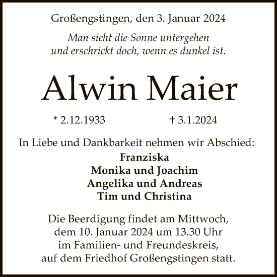 Anzeige von Alwin Maier von Reutlinger General-Anzeiger