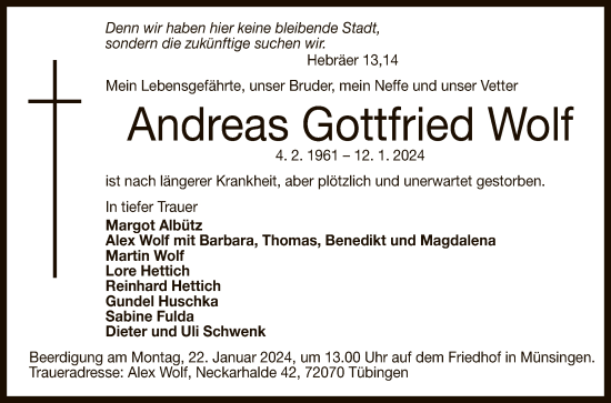 Anzeige von Andreas Gottfried Wolf von Reutlinger General-Anzeiger