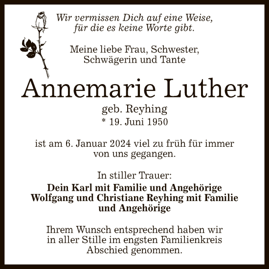 Anzeige von Annemarie Luther von Reutlinger General-Anzeiger