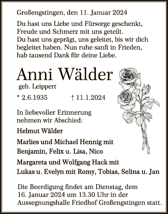 Anzeige von Anni Wälder von Reutlinger General-Anzeiger