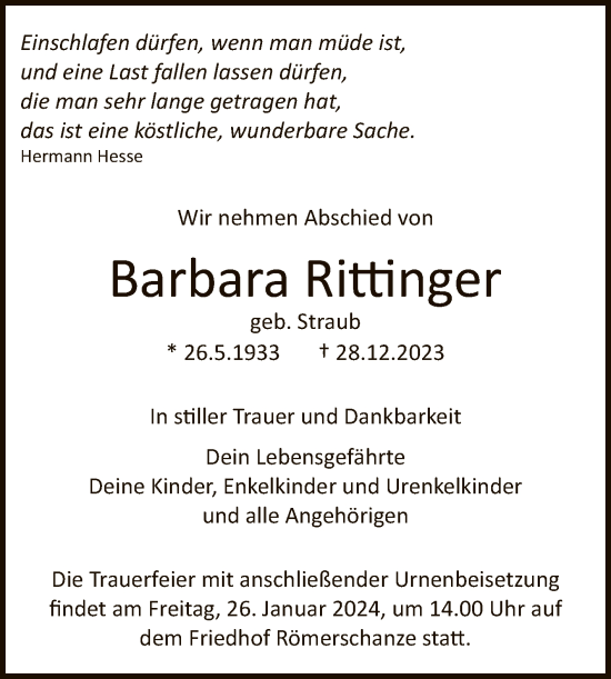 Anzeige von Barbara Rittinger von Reutlinger General-Anzeiger