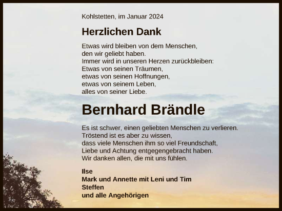 Anzeige von Bernhard Brändle von Reutlinger General-Anzeiger