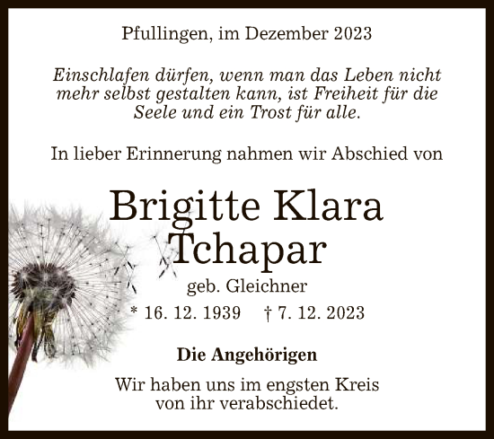 Anzeige von Brigitte Klara Tchapar von Reutlinger General-Anzeiger