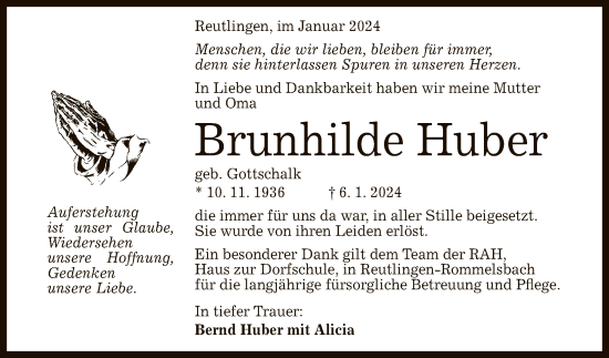 Anzeige von Brunhilde Huber von Reutlinger General-Anzeiger