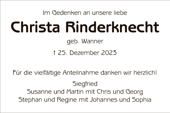 Anzeige von Christa Rinderknecht von Reutlinger General-Anzeiger