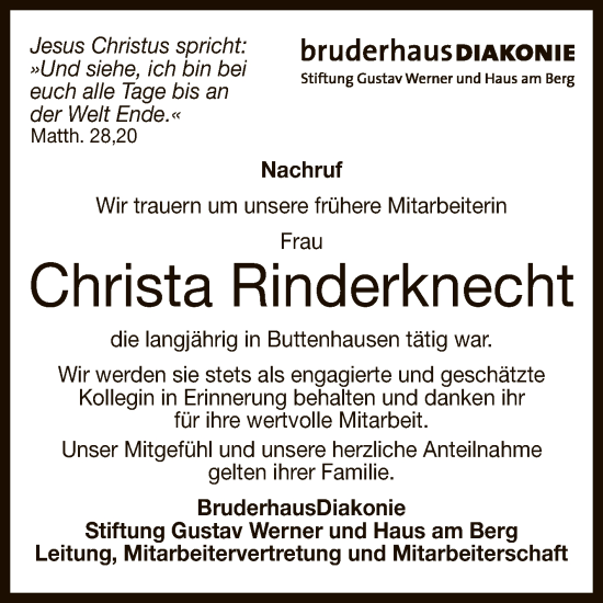 Anzeige von Christa Rinderknecht von Reutlinger General-Anzeiger