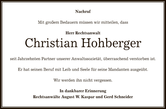 Anzeige von Christian Hohberger von Reutlinger General-Anzeiger