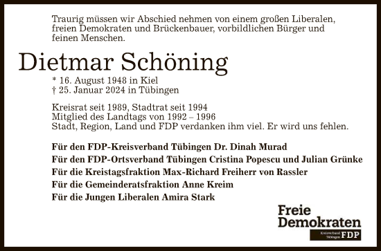 Anzeige von Dietmar Schöning von Reutlinger General-Anzeiger
