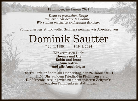 Anzeige von Dominik Sautter von Reutlinger General-Anzeiger