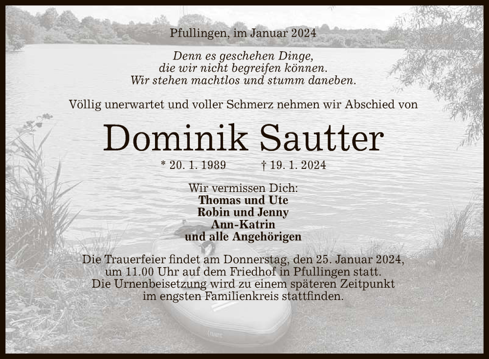  Traueranzeige für Dominik Sautter vom 23.01.2024 aus Reutlinger General-Anzeiger