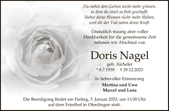 Anzeige von Doris Nagel von Reutlinger General-Anzeiger