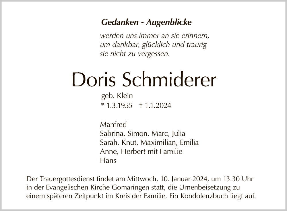  Traueranzeige für Doris Schmiderer vom 05.01.2024 aus Reutlinger General-Anzeiger