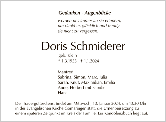 Anzeige von Doris Schmiderer von Reutlinger General-Anzeiger