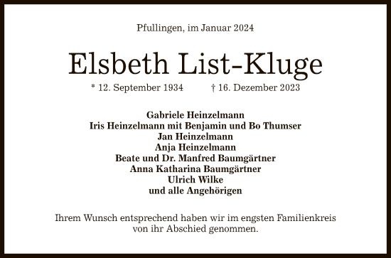 Anzeige von Elsbeth List-Kluge von Reutlinger General-Anzeiger