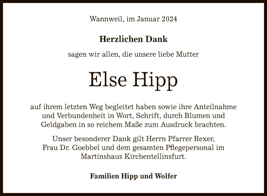Anzeige von Else Hipp von Reutlinger General-Anzeiger