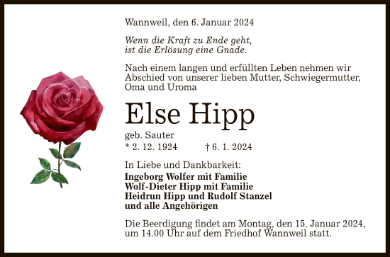 Anzeige von Else Hipp von Reutlinger General-Anzeiger